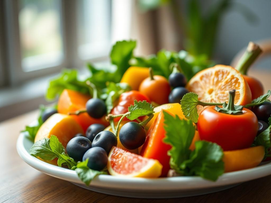 A close-up shot of a vibrant, colorful plate filled with fresh fruits and vegetables, symbolizing health and detox. The setting is minimalistic, with natural lighting highlighting the freshness of the produce. The background is softly blurred to emphasize the plate, capturing the essence of a healthy lifestyle, shot with a 45mm f/1.2 lens.