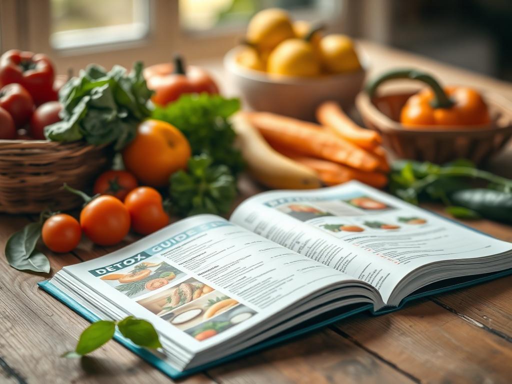 A realistic high-resolution photograph of an open detox guide on a wooden table, with vibrant fruits and vegetables surrounding it. The guide features colorful pages filled with detox recipes and tips, with a soft natural light illuminating the scene. The focus is on the guide, with a blurred background that hints at a healthy lifestyle.