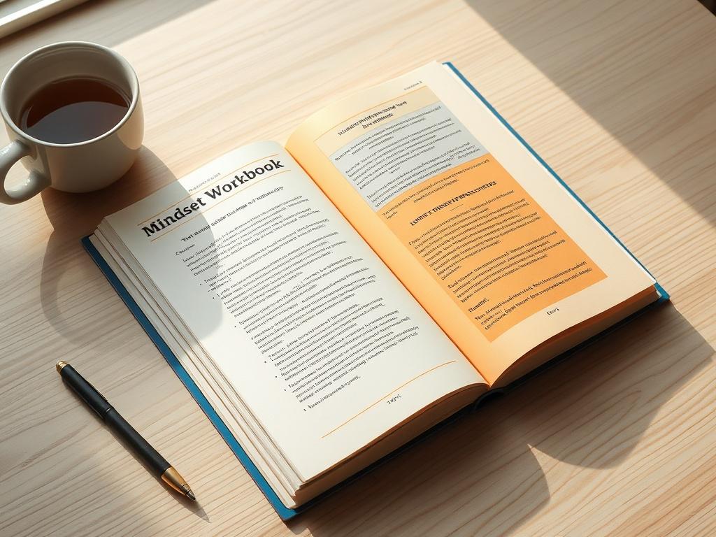 A high-resolution image of the 'Mindset Mastery Workbook' on a light wooden desk, with a pen and a cup of herbal tea beside it. The workbook is open, showcasing vibrant pages filled with exercises and inspirational quotes. Soft natural light highlights the workbook, creating an inviting atmosphere for personal growth.