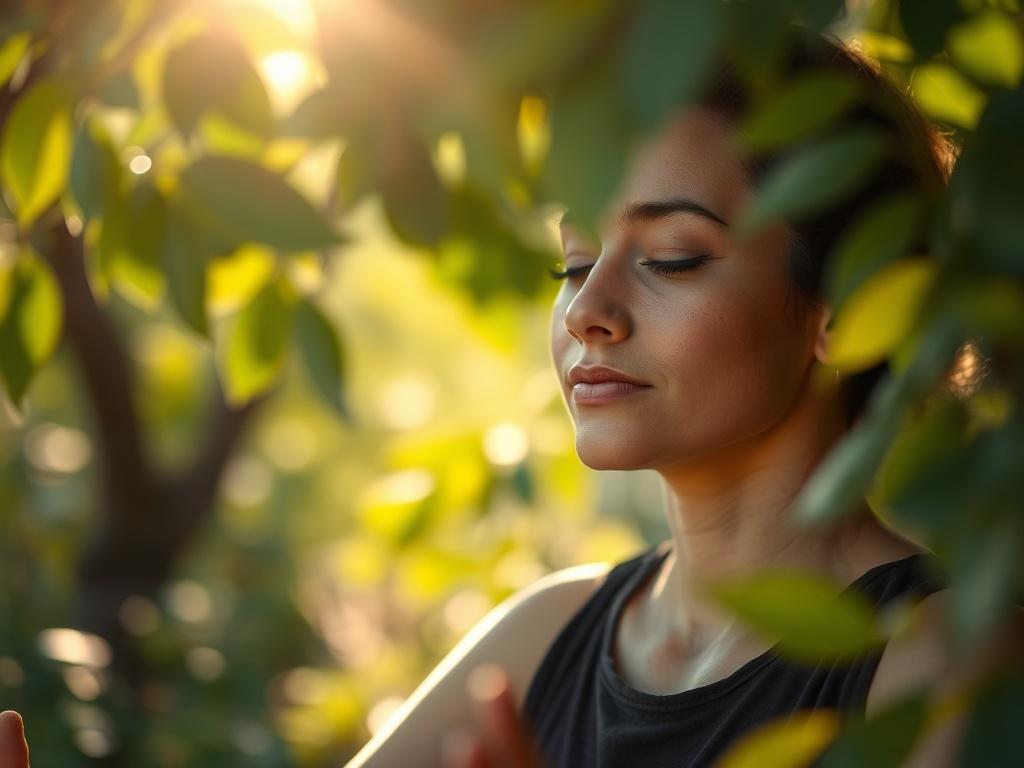 A close-up shot of a person meditating in a serene environment, surrounded by nature, with soft sunlight filtering through the leaves. The individual has a peaceful expression, reflecting transformation and inner peace. The background should be softly blurred, emphasizing the subject and their connection to the natural world. The colors should evoke tranquility, aligning with the rgb(4, 104, 120) primary color.