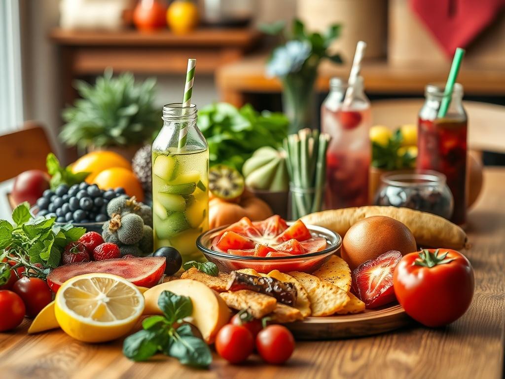 A close-up shot of a vibrant, healthy meal spread on a wooden table, featuring colorful fruits, vegetables, and detox drinks. The focus should be on the freshness and nutritional value of the food, with natural light illuminating the scene. The background should be softly blurred, creating a warm and inviting atmosphere that encourages healthy living. The colors should resonate with the rgb(4, 104, 120) primary color.