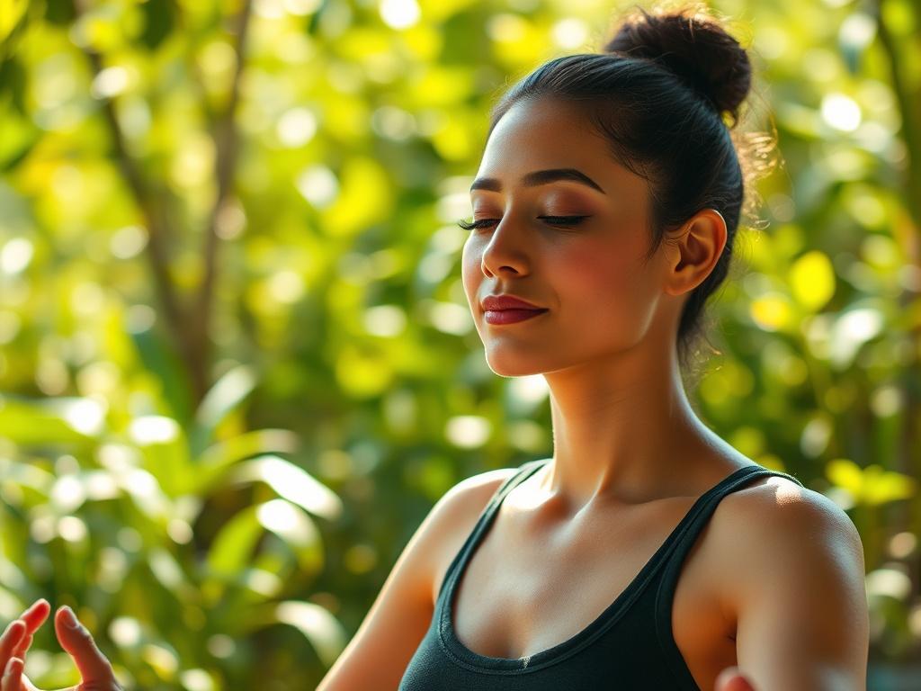 A close-up shot of a serene person meditating in a bright, natural environment, embodying wellness and tranquility. The background is lush greenery, reflecting nature's healing power. The focus is on the subject's peaceful expression, emphasizing a sense of calm and rejuvenation. The lighting is warm and inviting, highlighting the person's relaxed posture. The image is shot with a 45mm f/1.2 lens, creating a soft bokeh effect around the subject, with the primary color being rgb(4, 104, 120).