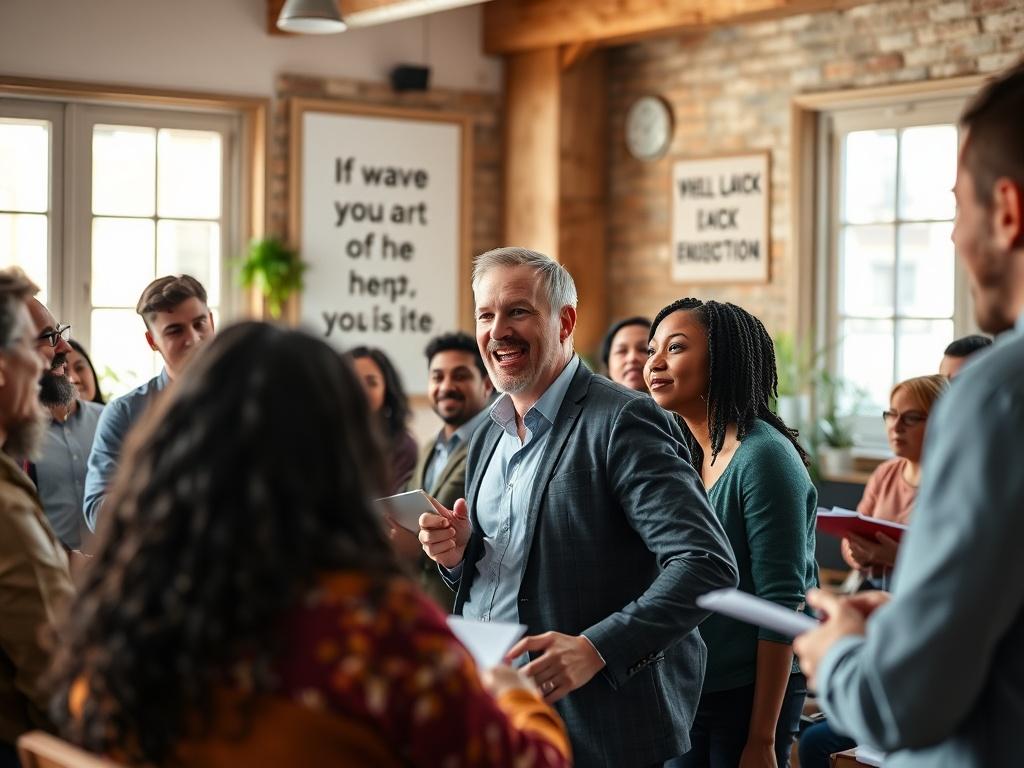 A close-up shot of a diverse group of individuals engaged in a collaborative workshop, showcasing enthusiasm and interaction. The setting is a bright, inviting room filled with natural light, with motivational quotes on the walls. The focus is on a speaker passionately guiding the group, emphasizing connection and communication. The image captures the energy of the workshop, with participants actively sharing ideas and notes. The primary color scheme includes rgb(4, 104, 120) elements, shot with a 45mm f/1.