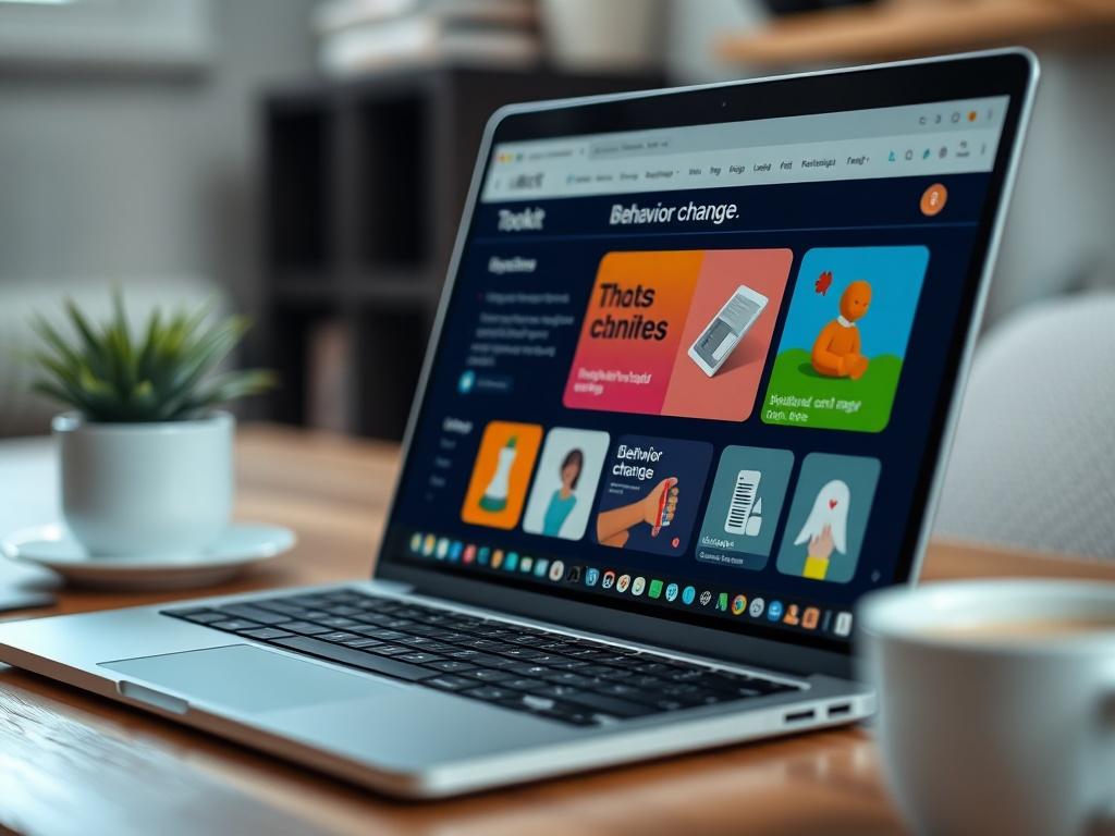 A close-up view of a digital toolkit displayed on a laptop screen, featuring colorful graphics and engaging content about behavior change. The background should be softly blurred, bringing focus to the screen with a cozy workspace vibe.