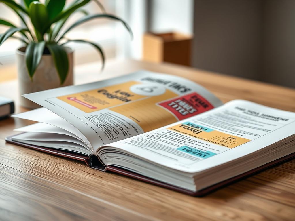 A close-up shot of an open workbook on a desk, featuring colorful worksheets and motivational quotes. The background should be softly blurred, with a hint of a plant in the corner to create a serene atmosphere.