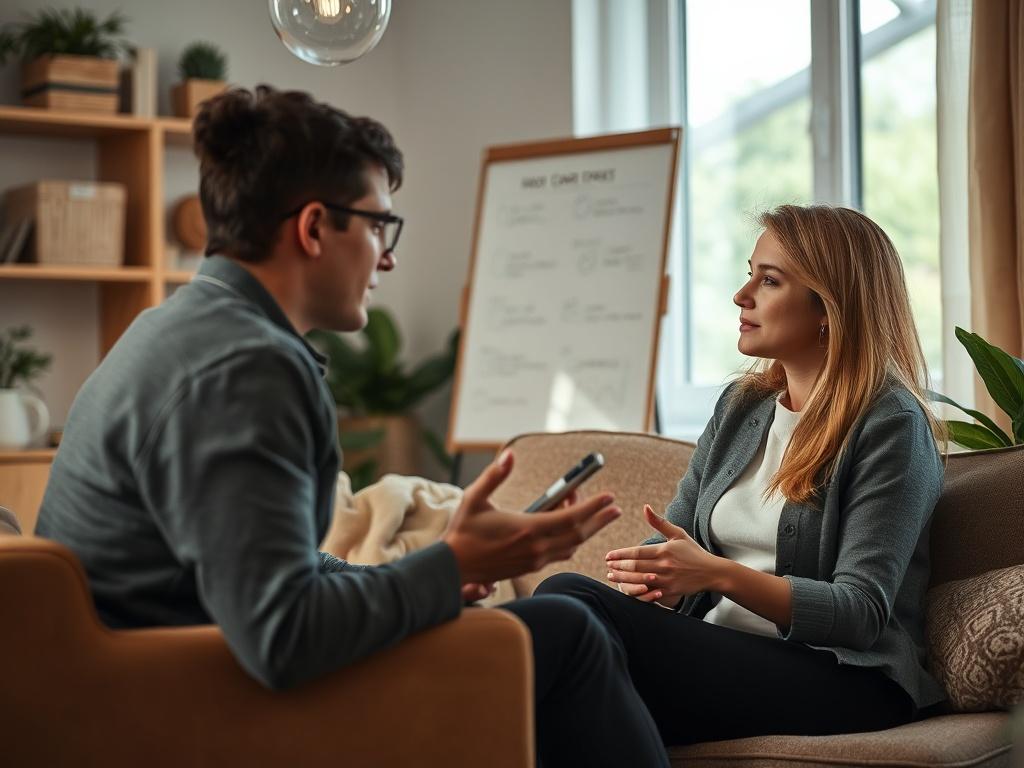 An intimate one-on-one coaching session in a cozy and inviting space. Focus on a coach and client engaged in deep conversation, with visual elements that suggest growth and progress, like a whiteboard with goals and ideas.