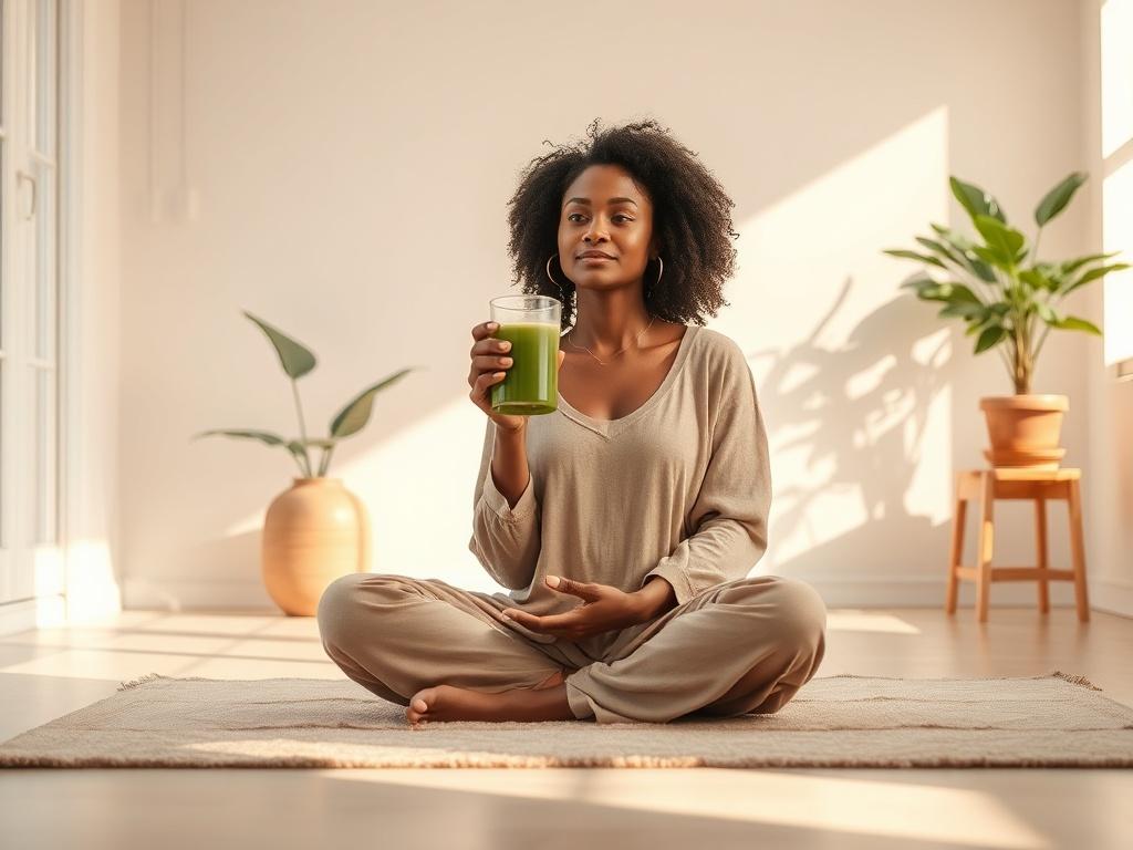 Create a realistic high-resolution image that embodies the theme of "Detox Your Life: A Step-by-Step Guide." The composition should feature a single, serene figure sitting cross-legged on a soft, calming area rug in a light, airy room filled with gentle, natural light. The subject should be a diverse woman in comfortable, flowing attire, holding a glass of freshly squeezed green juice, symbolizing health and vitality. 

Her expression should convey peace and focus, reflecting a positive mindset transformati