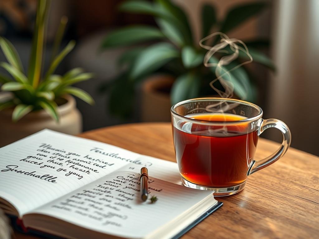 A close-up shot of a motivational coaching session taking place in a cozy, inviting environment. The focus is on a notebook filled with inspirational notes and a steaming cup of herbal tea, symbolizing growth and reflection. The background features soft, warm lighting and plants to create a nurturing atmosphere, captured with a 45mm f/1.2 lens.