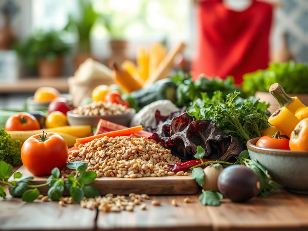 A close-up shot of a vibrant, healthy meal preparation scene with colorful vegetables, grains, and herbs, beautifully arranged on a wooden table. The image highlights the joy of cooking healthy meals, set against a bright, airy kitchen background, capturing the essence of a holistic lifestyle, taken with a 45mm f/1.2 lens.