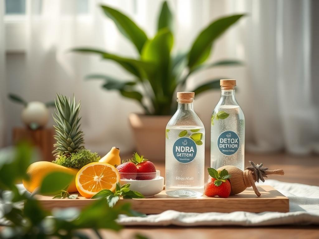 A close-up shot of a serene, meditative space with natural light filtering through soft curtains. The focus is on a beautifully arranged detox kit with fresh fruits, herbs, and detox water, set against a calming background of soft green plants. The image conveys tranquility and well-being, emphasizing a lifestyle of health and rejuvenation, shot with a 45mm f/1.2 lens.