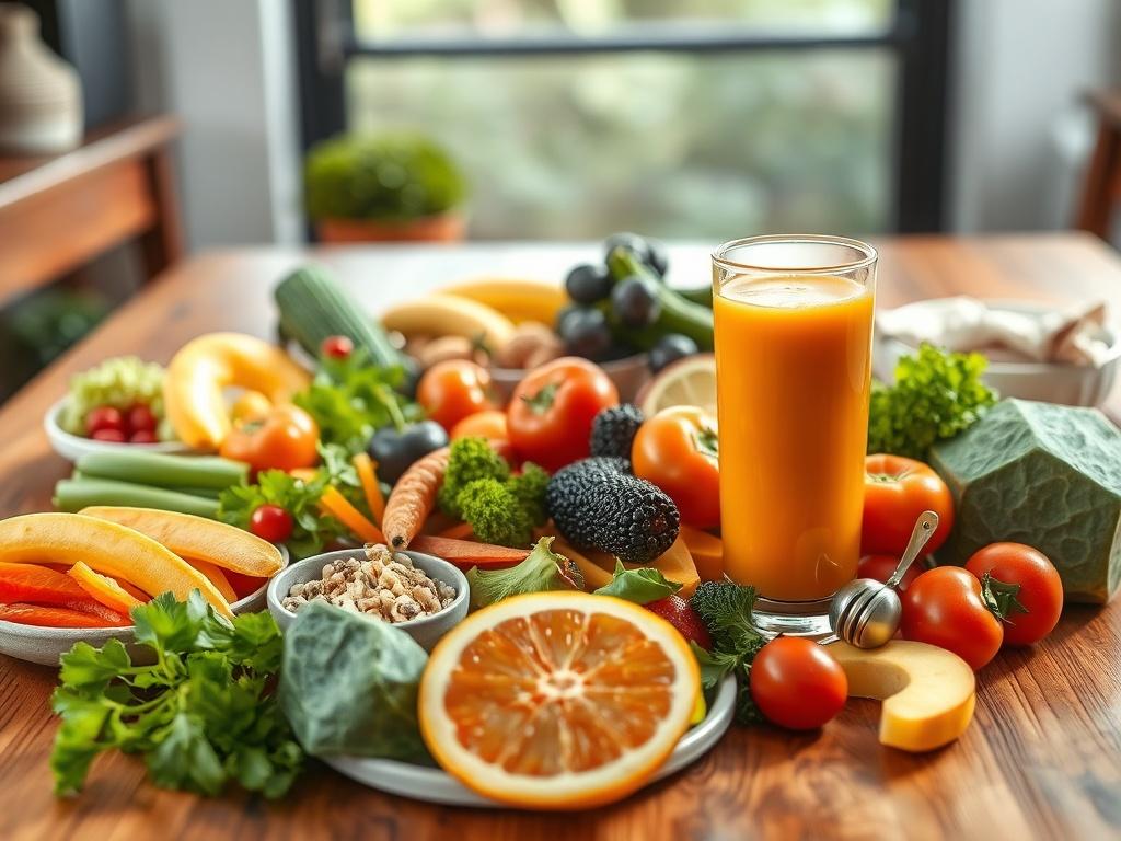 A vibrant, healthy meal spread on a wooden table, showcasing colorful fruits and vegetables, with a glass of fresh juice beside it. The setting is bright and inviting, evoking a sense of health and vitality.