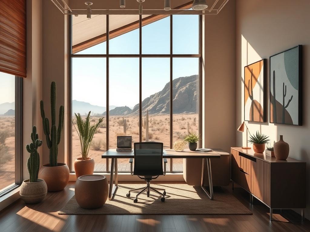 **AI Image Generator Prompt:**

Create a realistic high-resolution photo that captures the essence of commercial interior design in a Nevada desert setting. The image should feature a single, beautifully designed office space that showcases innovative solutions to regional challenges such as extreme heat, intense sunlight, and limited square footage.

**Subject Matter:** Focus on a modern office interior that emphasizes natural light, energy-efficient materials, and a clever use of space. Incorporate elemen