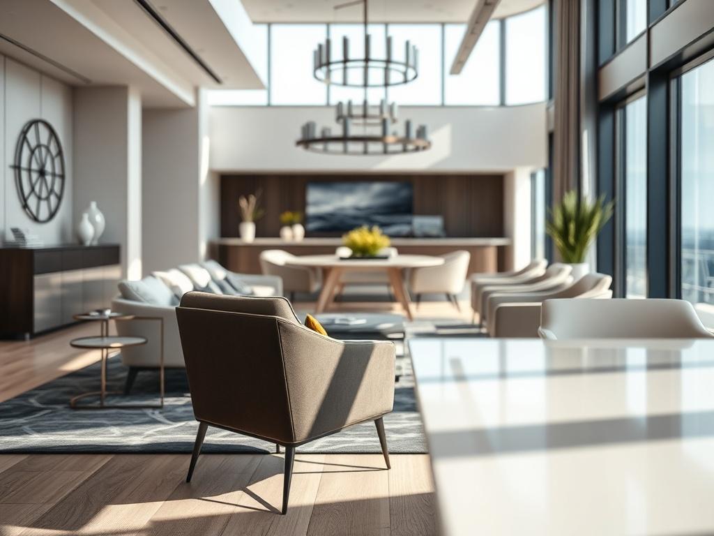 A realistic high-resolution close-up shot of the interior of the Pacific Maritime project, showcasing elegant furnishings and a modern design. The composition should highlight a spacious, well-lit area with large windows allowing natural light to flood in. The background should feature subtle marine-themed decor elements, creating a serene and inviting atmosphere. Use a 45mm f/1.2 lens style for a depth of field effect, focusing on a single stylish chair positioned beside a sleek conference table.