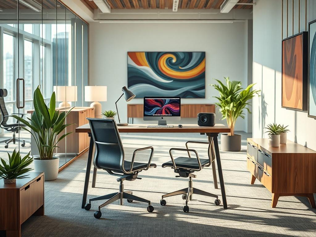 Create a hyper-realistic high-resolution image that encapsulates the evolving concept of workspace design, titled "Not an Open Office, Not a Cubicle: The New Rules of Workspace Design." Focus on a stylish, modern work desk positioned centrally within the frame. The desk should feature ergonomic furniture, including a sleek chair and an innovative desk setup with personal touches like a small plant, an aesthetically pleasing lamp, and a laptop open with vibrant screensaver images that convey creativity and p