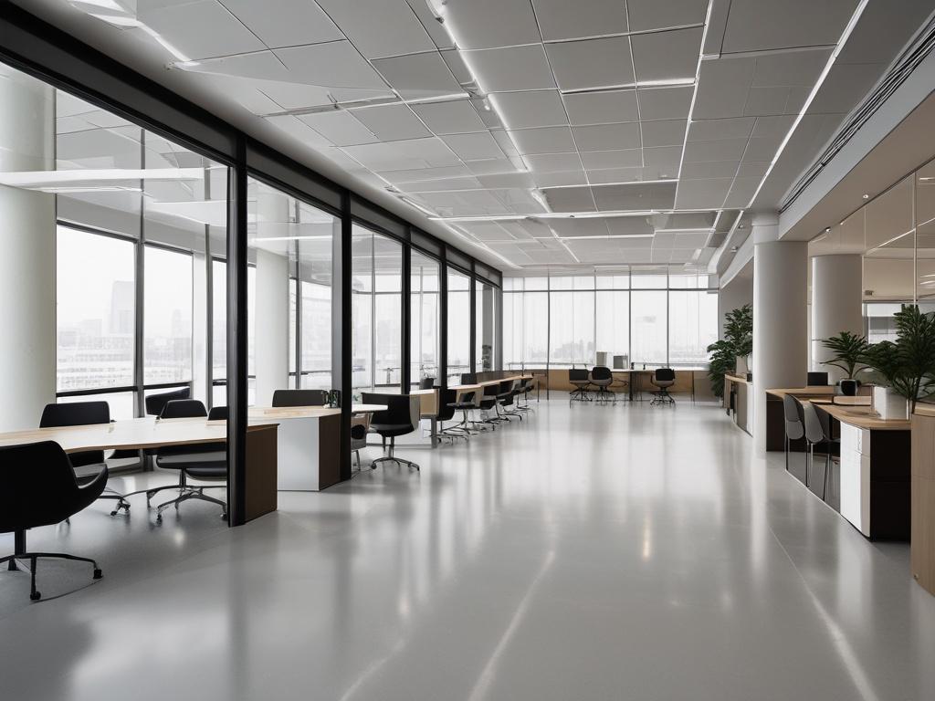 Create a realistic high-resolution image that captures the essence of strategic office space planning. The composition should be simple and clear, featuring a single subject: a sleek, modern office desk set against a backdrop of an open, airy office environment. 

The desk should showcase essential tools for planning, including a large architectural blueprint of an office layout spread out across the surface, a digital tablet displaying a 3D rendering of the space, and a stylish pen neatly placed beside a n