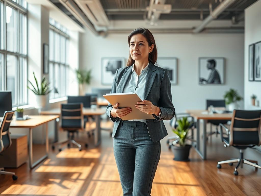 **AI Image Generation Prompt:**

Create a realistic high-resolution photo focusing on a professional interior designer inside a modern office space. The image should prominently feature a single designer, a middle-aged woman of Hispanic descent, dressed in business casual attire. She is holding a clipboard and a pen, intently assessing the workspace around her. 

The designer stands centrally, positioned slightly off to the right, using a close-up shot to capture the details of her expression and engagement