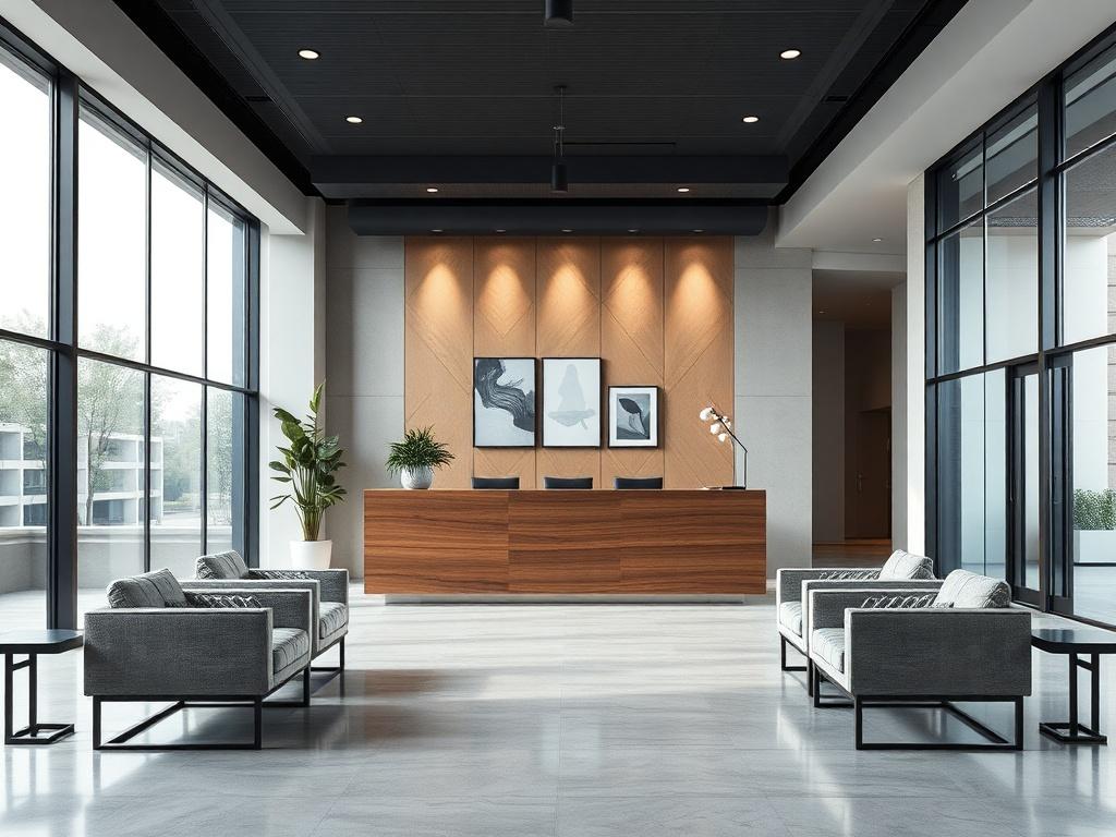 Create a realistic high-resolution photo consisting of a modern, minimalist lobby that illustrates the essence of contemporary commercial interior design. The composition should focus on a single, striking element: a sophisticated reception desk that showcases modern design principles. This desk should have clean lines, made of sleek materials like polished wood or frosted glass, and be accented with tasteful decor that reflects current trends—such as a stylish plant, a unique light fixture overhead, or art