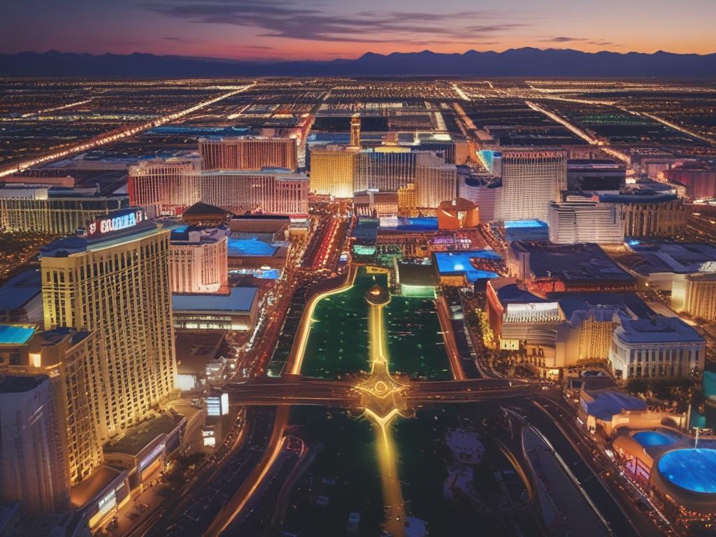 Create a realistic high-resolution photo that visually represents the blog titled "Why Las Vegas Is One of the Most Underrated Cities for Smart Commercial Design." The main subject should be a sleek, modern office interior situated in a Las Vegas commercial building, showcasing innovative design elements. 

Capture a spacious office environment with sustainable materials like reclaimed wood furnishings, green walls with integrated plants, and large windows that allow natural light to flood the space. Includ