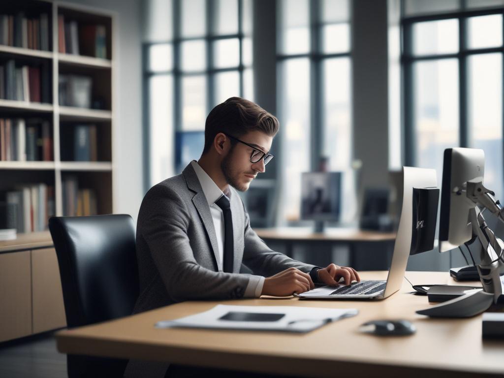 A professional individual sitting at a sleek, modern desk, deeply