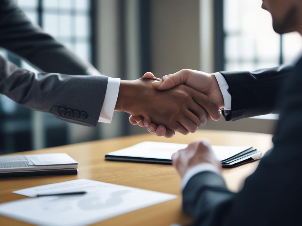 A professional handshake between two business individuals, symbolizing partnership and