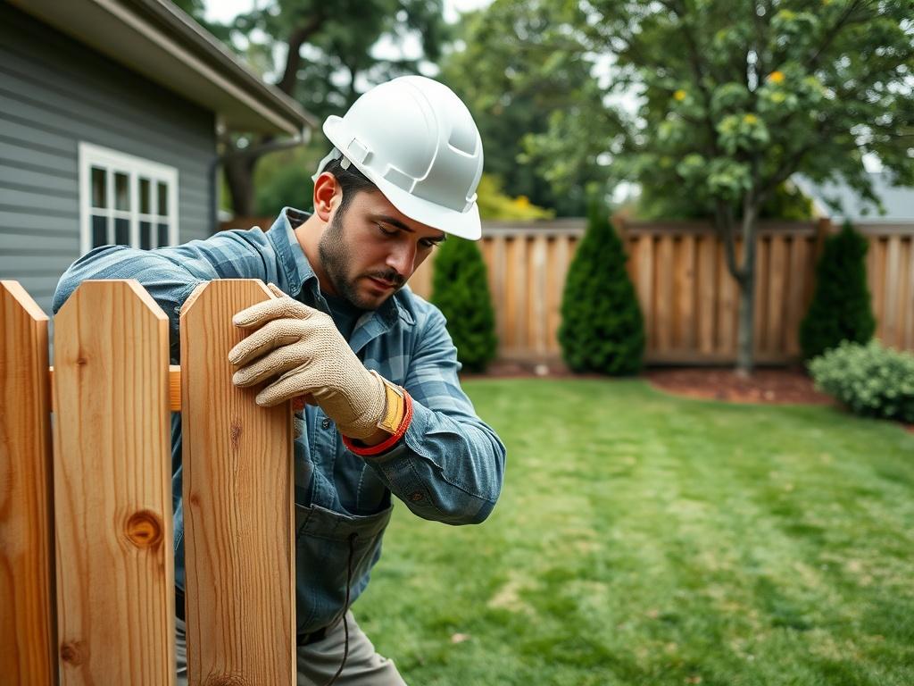A skilled fence worker installing a wooden fence in a residential backyard. The worker is focused, wearing safety gear including gloves and a hard hat. The background shows a neatly landscaped yard with green grass and trees. The image captures the craftsmanship and attention to detail of the fence installation.