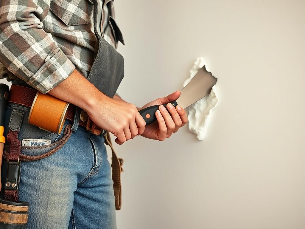 Create a hyper-realistic close-up shot of a drywall worker skillfully patching a hole in a wall. The worker is wearing a tool belt with various tools visible, and is focused on applying joint compound with a putty knife. The background should be a simple, clean interior setting with neutral colors, showcasing the wall being repaired. The lighting should be soft and natural, emphasizing the craftsmanship and attention to detail.
