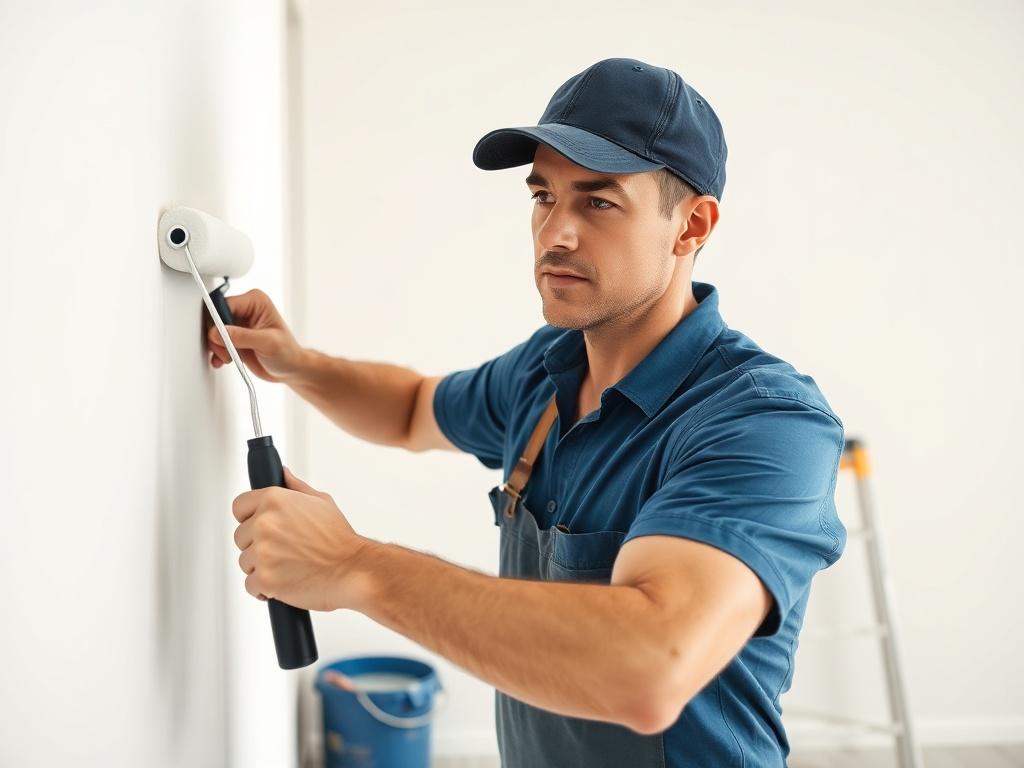 A professional painter skillfully painting a wall with a roller brush. The focus is on the painter, a mid-30s Caucasian male wearing a blue shirt and a cap, with a focused expression. The wall is being painted a bright white color, and there are paint supplies like buckets and brushes visible in the background. The setting is a modern and clean interior space, showcasing the professionalism and quality craftsmanship of the painting service.