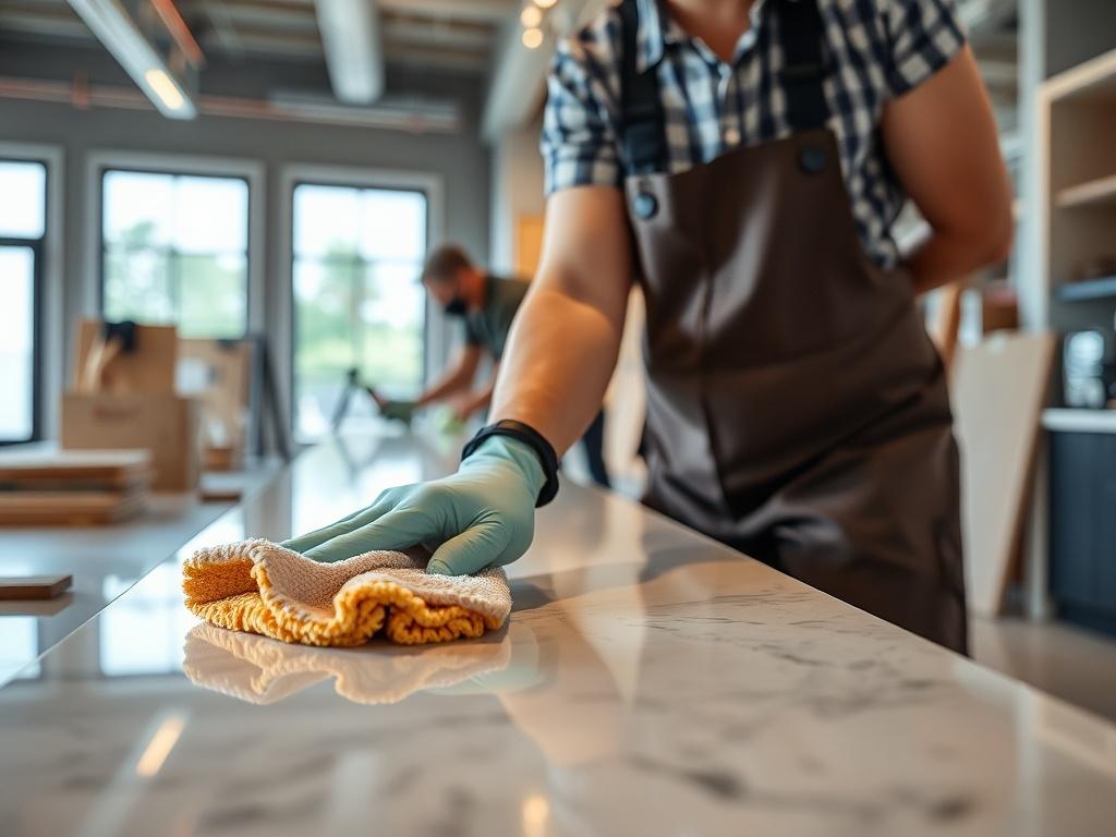 A close-up shot of a professional cleaning team in action at a construction site. The focus is on one cleaner diligently wiping down a newly installed countertop with a microfiber cloth, showcasing a shiny and spotless surface. Background elements include construction tools and materials subtly blurred to emphasize the cleaning process. The setting conveys professionalism and attention to detail, with the overall image reflecting a bright and clean atmosphere.