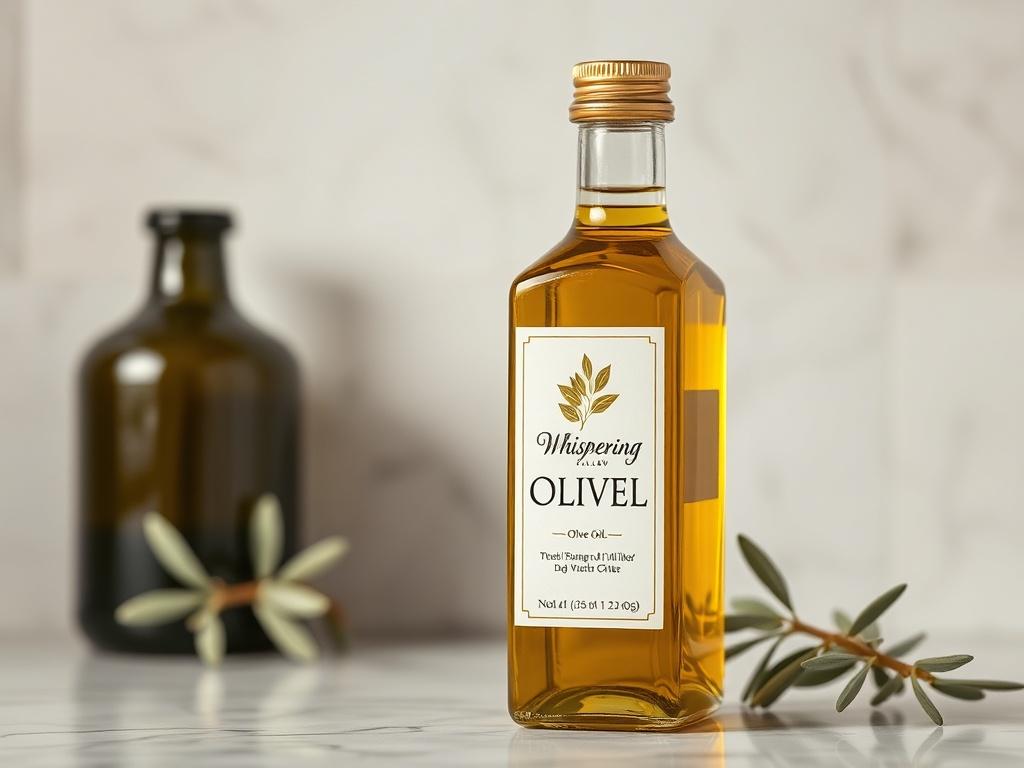 A high-resolution close-up of a bottle of Whispering Willow Olive Oil, set against a light-colored marble background. The focus is on the glass bottle, emphasizing its design and contents. The lighting is soft to highlight the oil's golden hue. Shot with a 45mm f/1.2 lens for a beautiful bokeh effect.