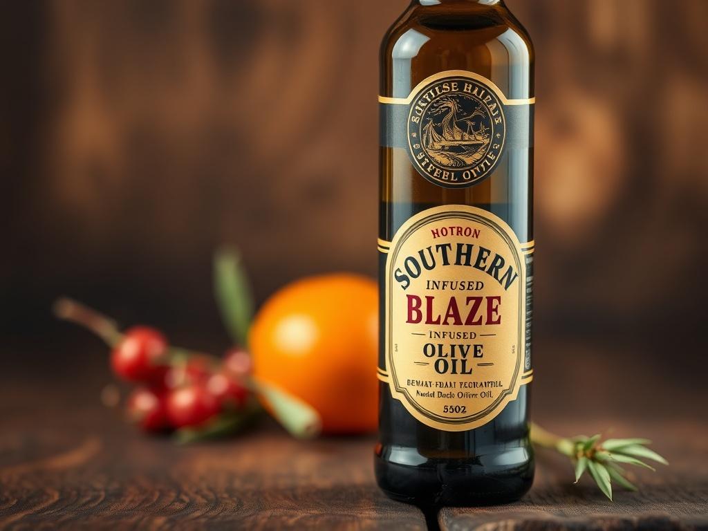 A close-up shot of a bottle of Southern Blaze Infused Olive Oil, showcasing its vibrant color and rich texture. The background is a rustic wooden surface, enhancing the gourmet appeal. The lighting is warm and inviting, highlighting the oil's sheen and the intricate label design. Shot with a 45mm f/1.2 lens for depth of field.