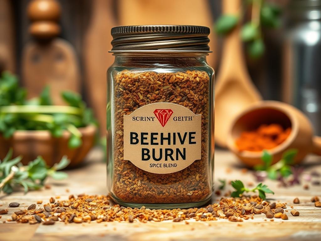 A close-up of a jar of Beehive Burn Spice Blend, showcasing its rich colors and textures. The background features a rustic kitchen setting with wooden utensils and herbs. The lighting is bright and natural, enhancing the freshness of the spices. Shot with a 45mm f/1.2 lens for depth and clarity.