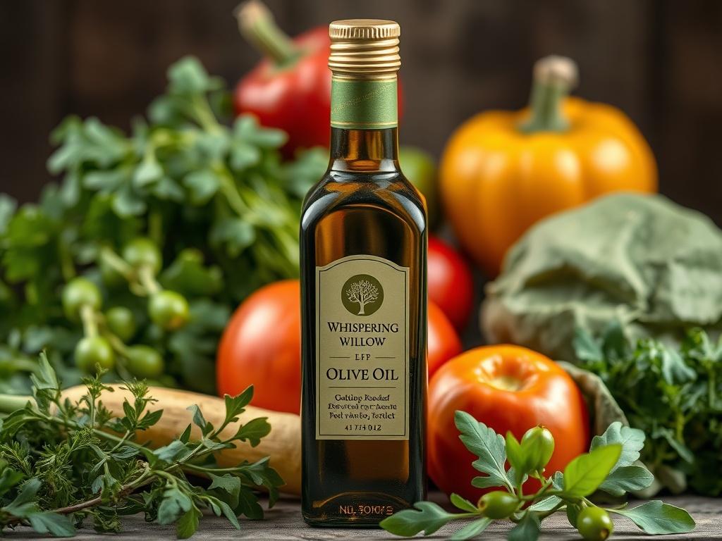 A close-up shot of a bottle of Whispering Willow Olive Oil against a backdrop of fresh vegetables and herbs. The bottle should be elegantly styled, with soft lighting that highlights the oil's clarity and color. The setting evokes a fresh, garden-like atmosphere, emphasizing the oil's delicate and mild flavor.