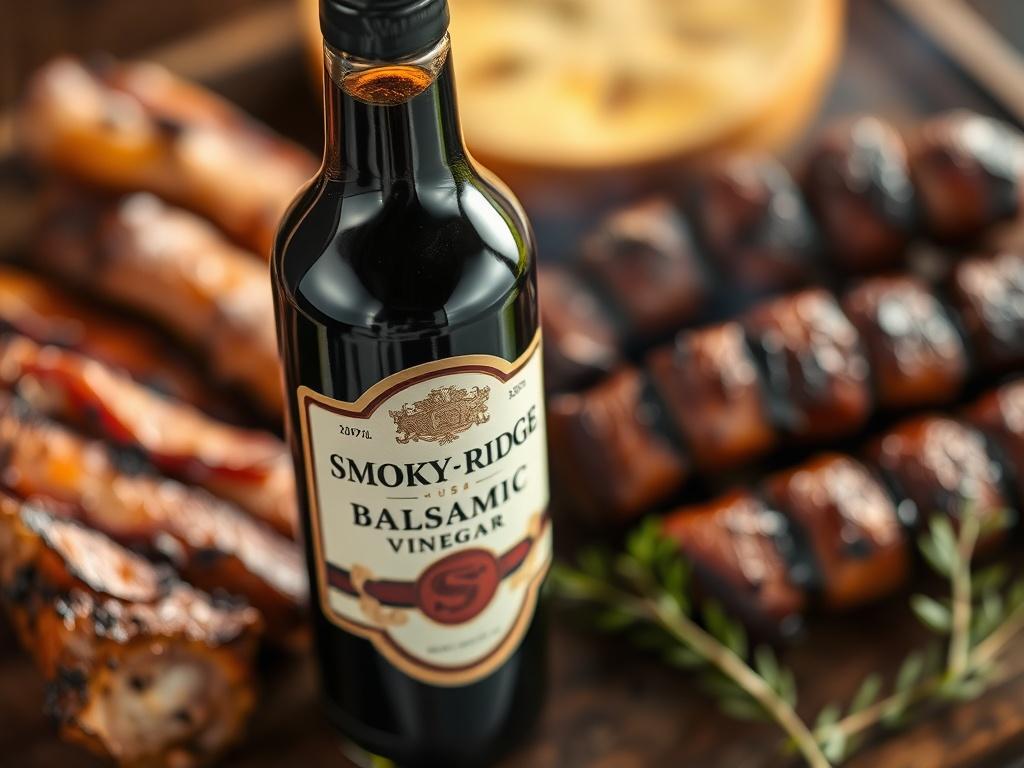 A close-up shot of a bottle of Smoky Ridge Balsamic Vinegar, set against a backdrop of grilled meats and roasted vegetables. The bottle should be showcased elegantly, with the rich color of the vinegar being highlighted by warm, inviting lighting. The surrounding elements should evoke a sense of gourmet cooking.