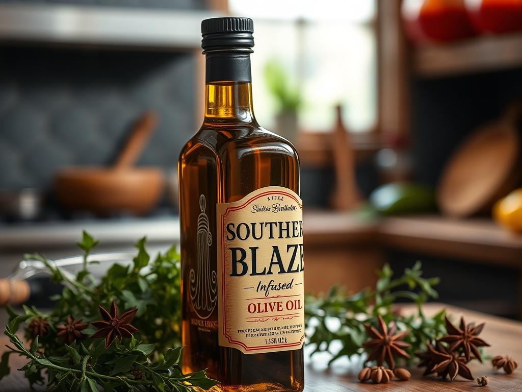 A close-up shot of a bottle of Southern Blaze Infused Olive Oil, with a warm, rustic kitchen background. The bottle should be elegantly displayed, showcasing its rich color and label design. The focus should be on the oil, with soft lighting enhancing its texture. Surrounding the bottle are fresh herbs and spices, hinting at its bold flavor profile.