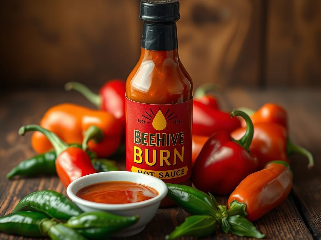 A high-resolution image of Beehive Burn Hot Sauce bottle, surrounded by fresh peppers and a small bowl of the sauce. The background should be a wooden table, creating a rustic feel, with a warm glow that highlights the sauce’s rich color.
