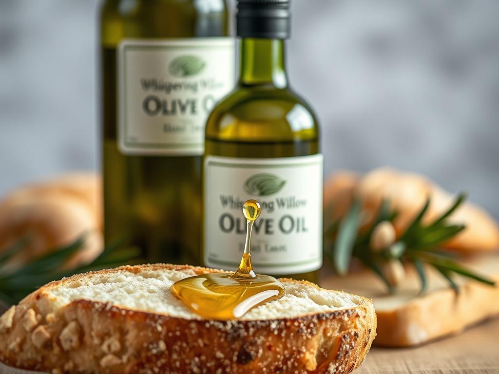 A close-up shot of a bottle of Whispering Willow Olive Oil, elegantly displayed with a drizzle of oil glistening on a piece of artisan bread. The background is softly blurred to enhance the focus on the oil bottle, capturing the rich green of the oil and the rustic charm of the bread.