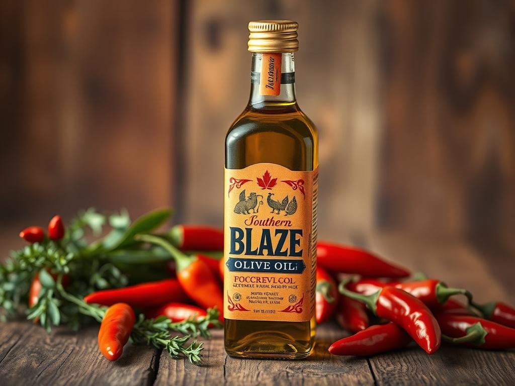 A high-resolution close-up shot of a bottle of Southern Blaze Olive Oil with a vibrant label. The bottle is placed on a rustic wooden table, surrounded by fresh chili peppers and herbs. The background is softly blurred, ensuring the focus remains on the bottle and its contents, with a warm color palette that suggests the oil's spicy flavor.