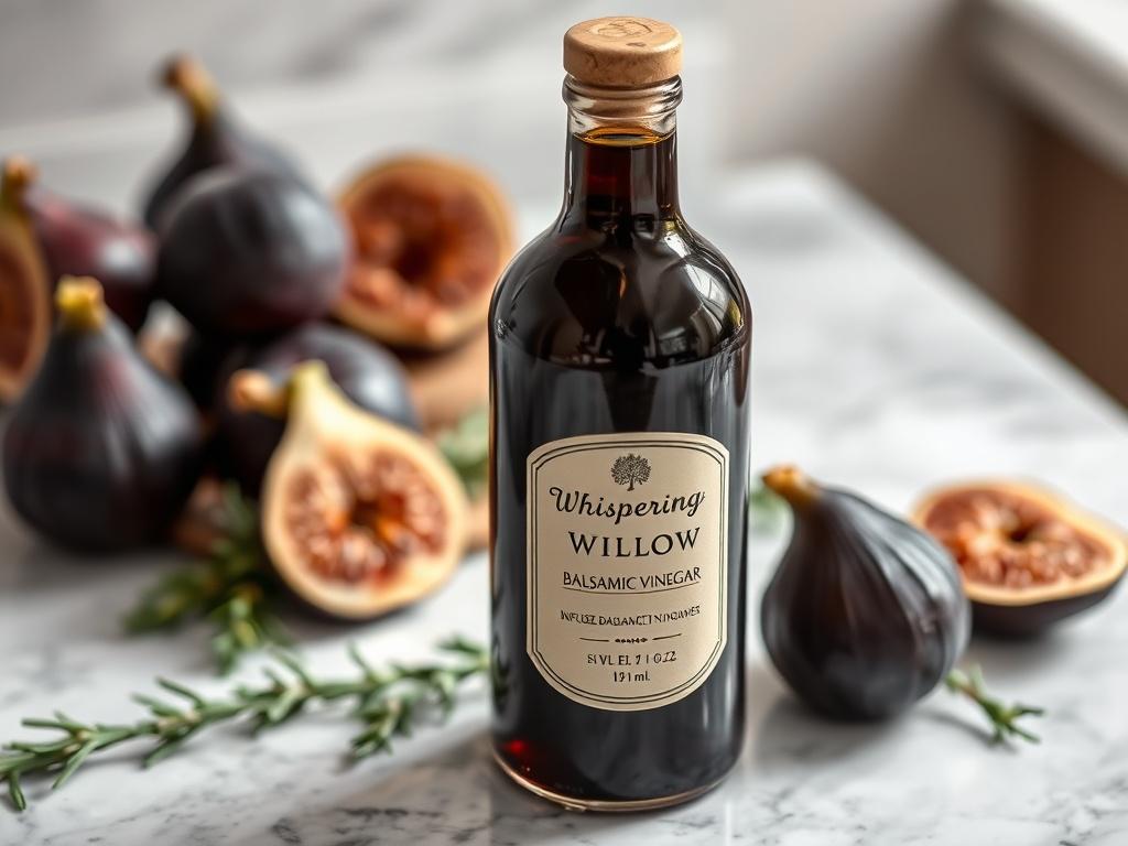 A realistic close-up shot of a bottle of Whispering Willow Infused Balsamic Vinegar, elegantly displayed on a marble countertop. The bottle is surrounded by fresh figs and sprigs of rosemary, with a soft, diffused light illuminating the scene. The background is softly blurred to highlight the bottle and its rich, dark liquid.