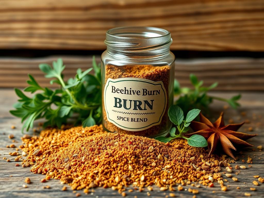 A high-resolution close-up shot of a jar of Beehive Burn Spice Blend, set against a rustic wooden backdrop. The jar is surrounded by a sprinkle of the spice blend and fresh herbs, capturing the vibrant colors of the spices. The lighting highlights the textures of the spices, creating an inviting and appetizing scene.