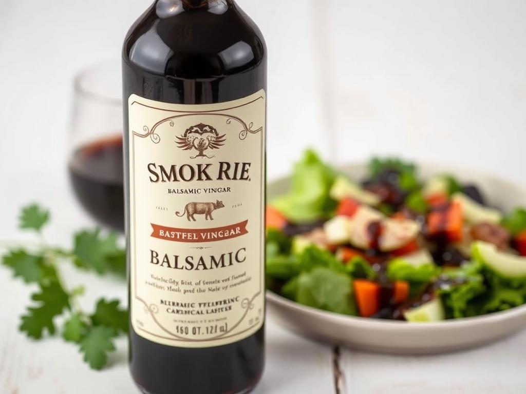 A close-up shot of a bottle of Smoky Ridge Balsamic Vinegar, highlighting its rich, dark liquid. The background features a simple, elegant plate with a salad drizzled with the balsamic, set on a light wooden surface to create a fresh and inviting vibe. The image should be hyper-realistic, captured with a 45mm f/1.2 lens for emphasis on the vinegar's texture.
