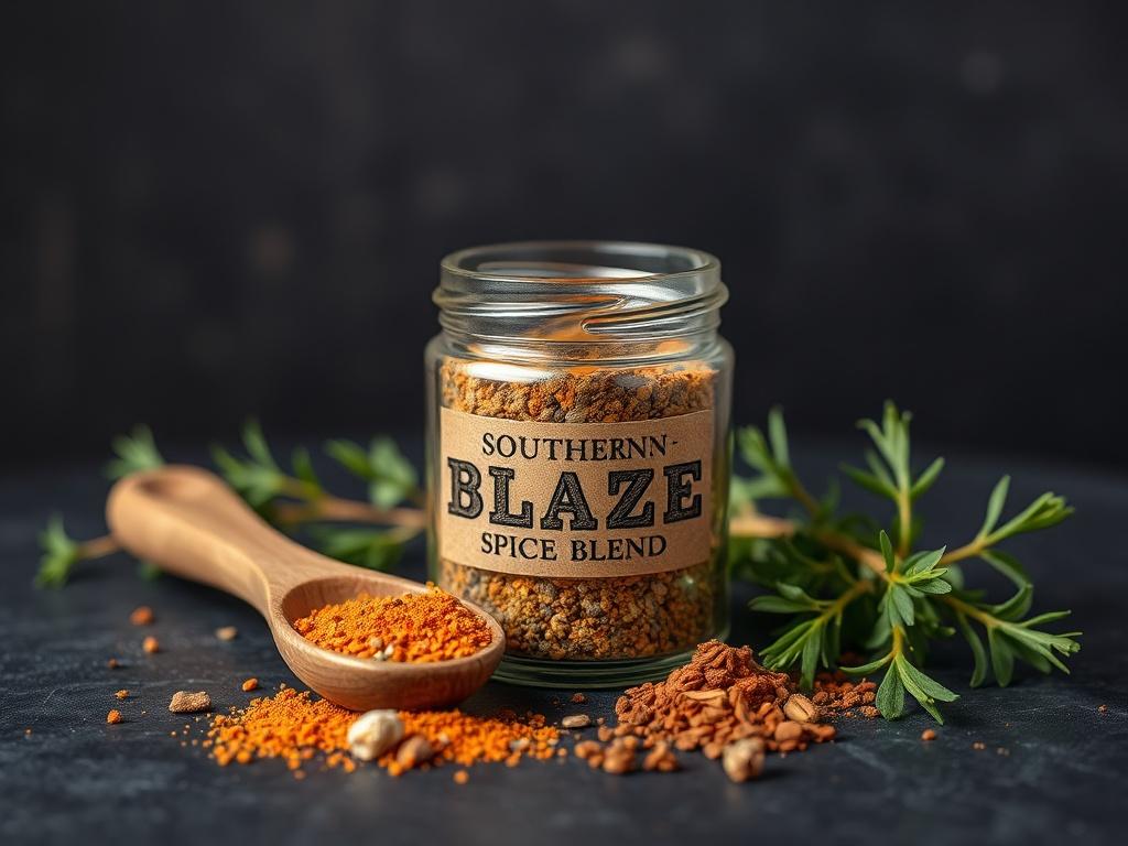 A close-up shot of the Southern Blaze Spice Blend in a small glass jar, with the spices visibly textured and colorful. Surrounding the jar are fresh herbs and a rustic wooden spoon, set against a dark, textured background to highlight the vibrant colors of the spices. The image should be hyper-realistic, captured with a 45mm f/1.2 lens for a striking focus.