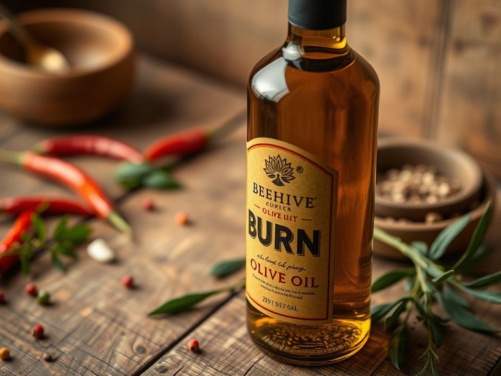 A close-up shot of a bottle of Beehive Burn Olive Oil, showcasing its vibrant color and rich texture. The background features a rustic wooden table with scattered chili peppers and fresh herbs, creating a warm and inviting atmosphere. The image should be hyper-realistic, captured with a 45mm f/1.2 lens for depth of field.