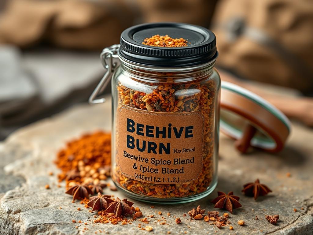 A realistic, high-resolution close-up shot of a jar of Beehive Burn Spice Blend, capturing the vibrant colors and textures of the spices inside. The jar should be displayed on a natural stone surface, with a few scattered spices around it, emphasizing the rustic and earthy feel.