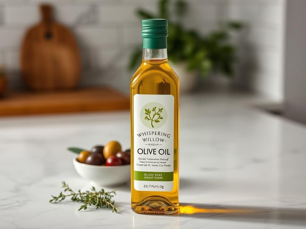 A realistic, high-resolution close-up shot of a bottle of Whispering Willow Olive Oil, highlighting its light golden hue. The bottle should be placed on a clean, white marble countertop, with fresh herbs and a small bowl of olives beside it, creating a fresh and inviting atmosphere.
