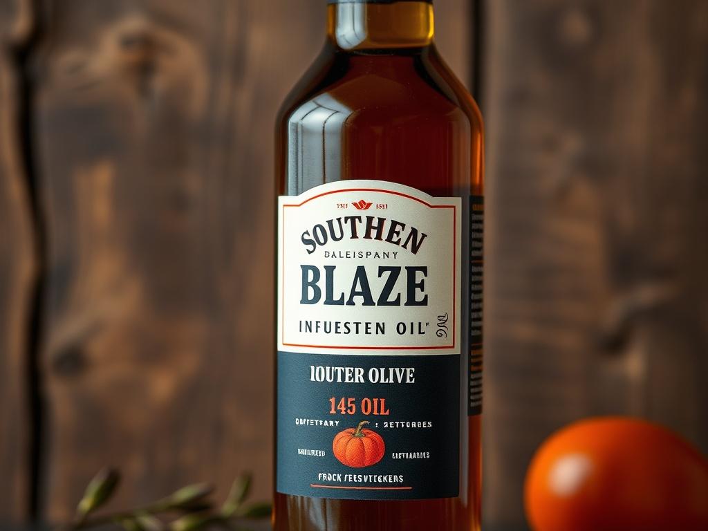 A realistic, high-resolution close-up shot of a bottle of Southern Blaze Infused Olive Oil, showcasing its vibrant color and texture. The bottle should be set against a rustic wooden background, highlighting its artisanal quality. The focus is on the bottle, capturing the intricate details of the label and the oil inside.