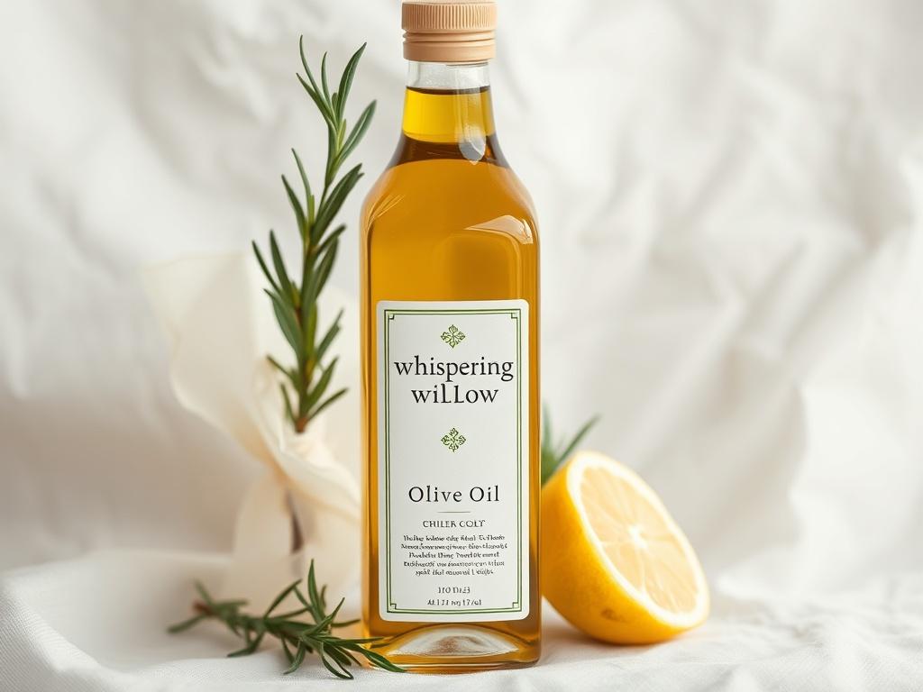 A close-up shot of a bottle of Whispering Willow Olive Oil, set against a soft, light-colored linen backdrop. The oil's golden hue shines, with a sprig of fresh rosemary and a lemon half artfully positioned beside the bottle, emphasizing its fresh and delicate nature.
