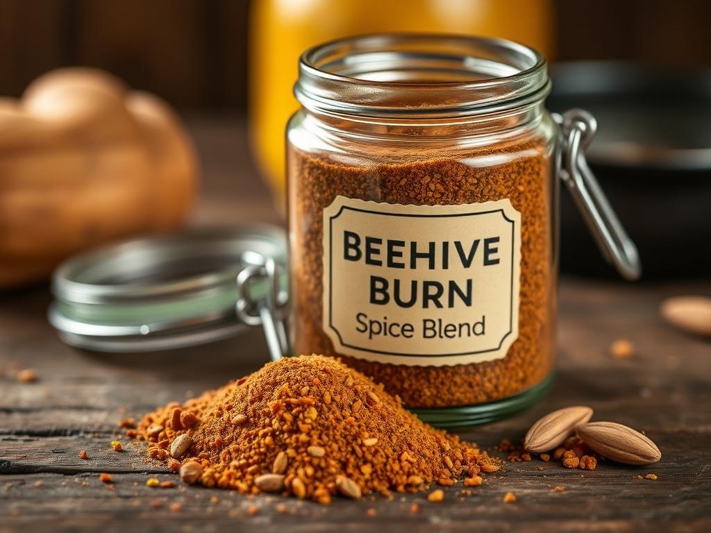 A close-up shot of a jar of Beehive Burn Spice Blend, prominently displayed on a rustic wooden table. The jar is open, with a small mound of the spice blend spilling out next to it, surrounded by a few whole spices like paprika and cumin, creating an inviting and warm atmosphere.