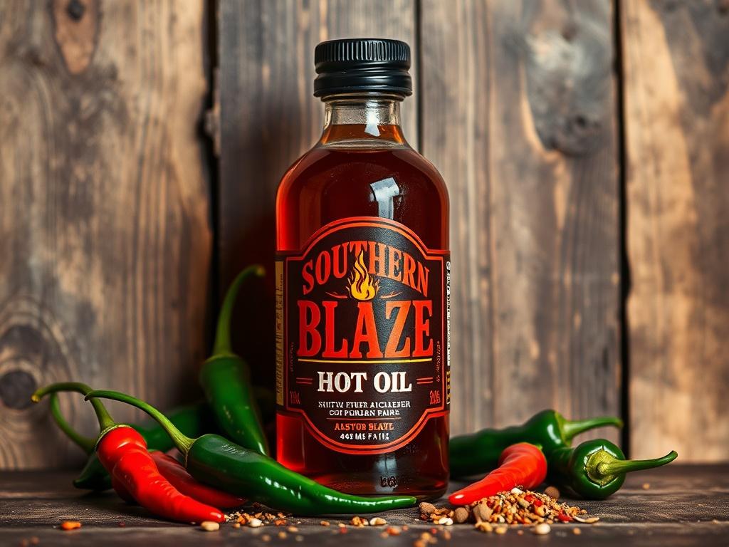 A close-up shot of a bottle of Southern Blaze Hot Oil, elegantly displayed against a rustic wooden background. The oil is glistening in the light, showcasing its rich, fiery color. A few whole chili peppers and a sprinkle of spices surround the bottle, adding a touch of authenticity and warmth to the composition.