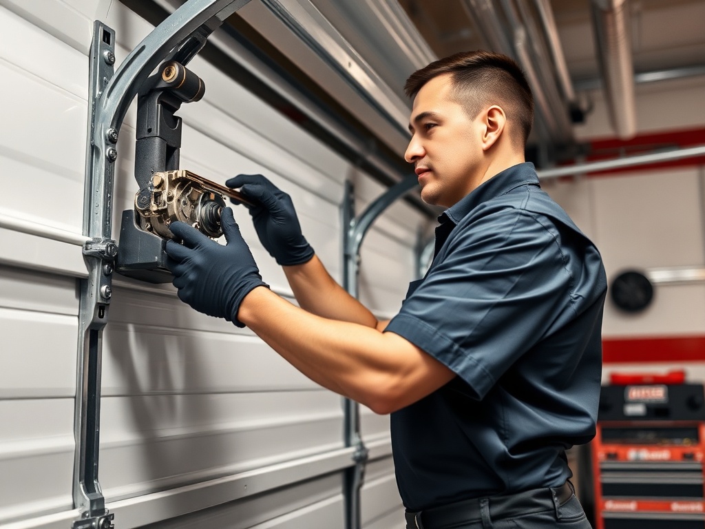 Professional garage door technician performing repair work