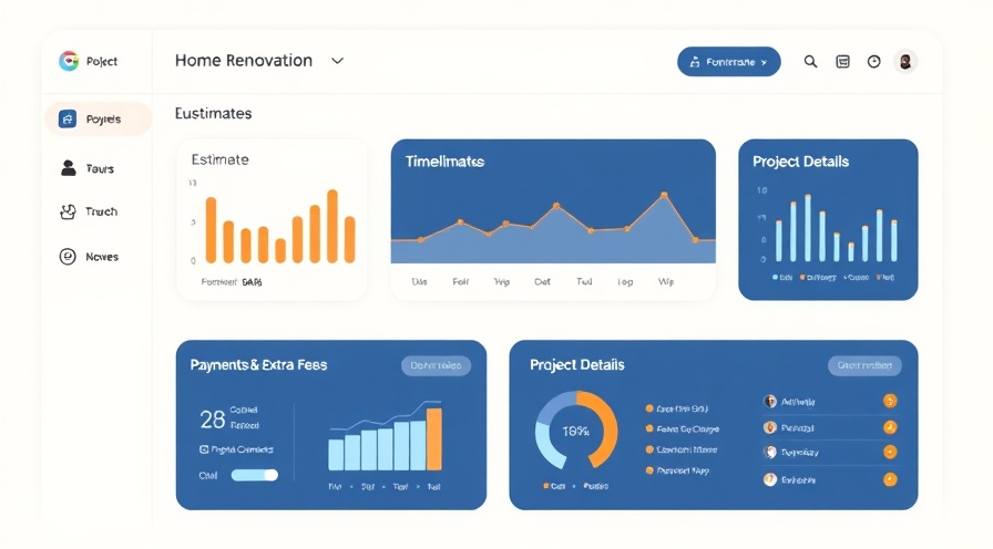 Project dashboard mockup showing estimates, timeline, payments, and project details